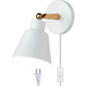 ClanKin Wall Sconces Lighting Set of 2 for Bedroom, White Wooden Style Wall Sconce Reading Lamp, Adjustable Wall Light for Bedroom Hallway Living Room (1, White Plug-in)