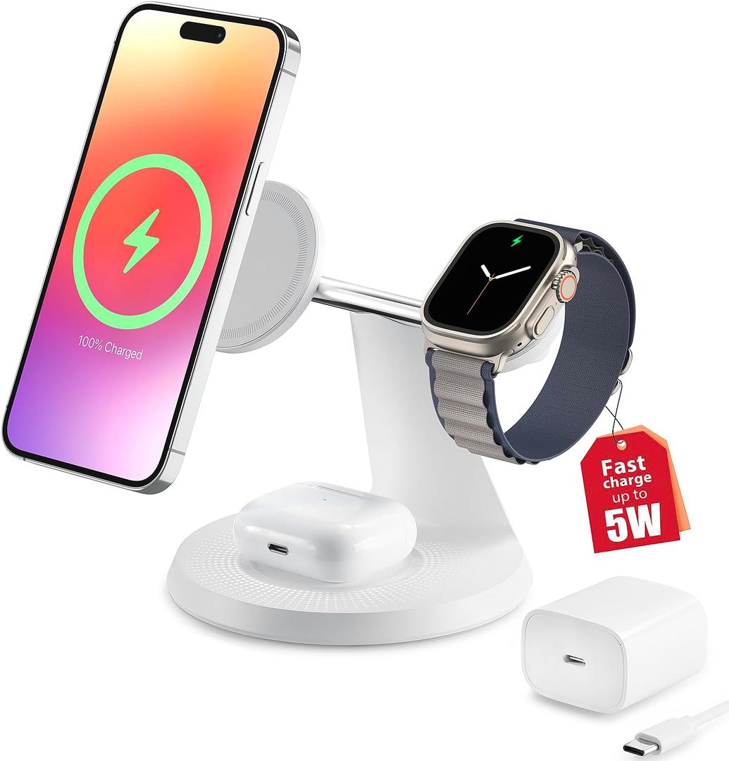 3 in 1 Wireless Charging Station for Apple Device: Fast Charging Station for iPhone and Watch with MagSafe, Stable Charger Stand for iPhone 12-16 & iWatch & AirPods (White)