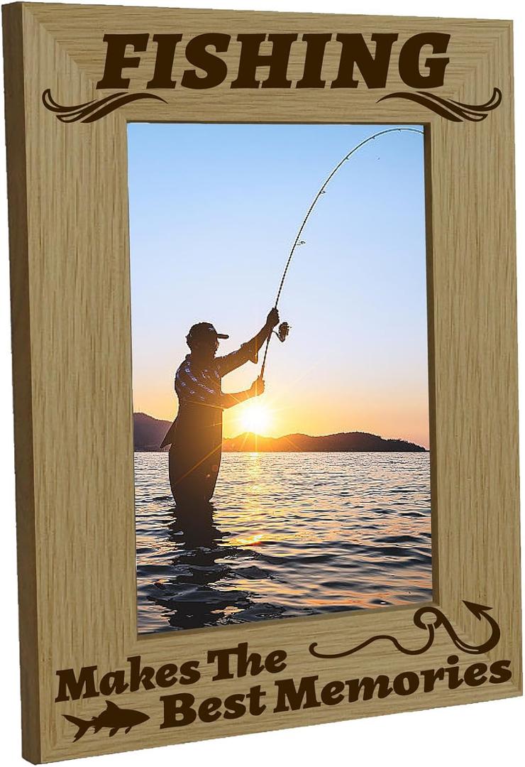 CREATCABIN Engraved Wood Picture Frame Fishing Photo Frame Display Pictures 4x6 Wall Mounting Printing Poster Frame Stand for Loss of Loved One Gallery Tabletop Decor 6x8Inch-Makes The Best Memories