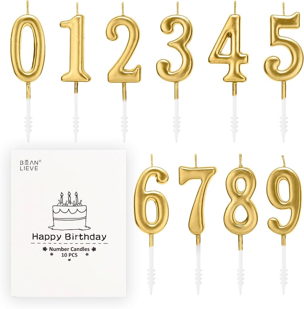 Beanlieve 10-Pieces Numeral Birthday Candles - Cake Numeric Candles Number 0 1 2 3 4 5 6 7 8 9,Used for Cake Decoration on Birthday Parties and Wedding Anniversary Celebrations(Champagne Gold)