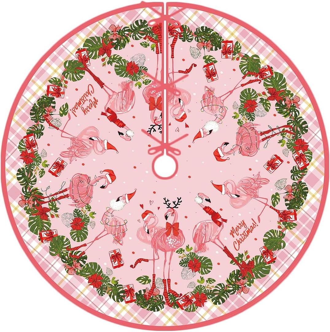 Flamingo Christmas Tree Skirt 48 Inch Beach Christmas Tree Collar Tropical Coastal Hawaliian Christmas Tree Decor Flamingo New Year Xmas Decor Christmas Decorations for Home Party