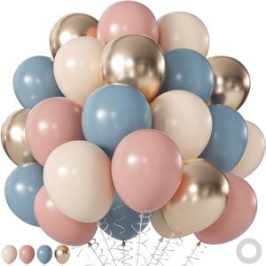 Gender Reveal Balloons, 60Pcs 12Inch Dusty Pink Blue White Gold Balloons for Boho Neutral Gender Reveal Baby Shower Engagement Birthday Party Decorations
