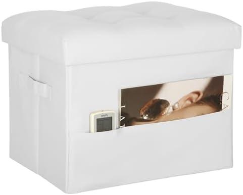 BelugaHelper Ottoman with Storage. Leather Foldable Ottomans with Thick Foam Padded Seat. Foot Rest Stool Storage for Living Room and Bedroom. Side Pockets and Handles Designed. 17x13x13in, White
