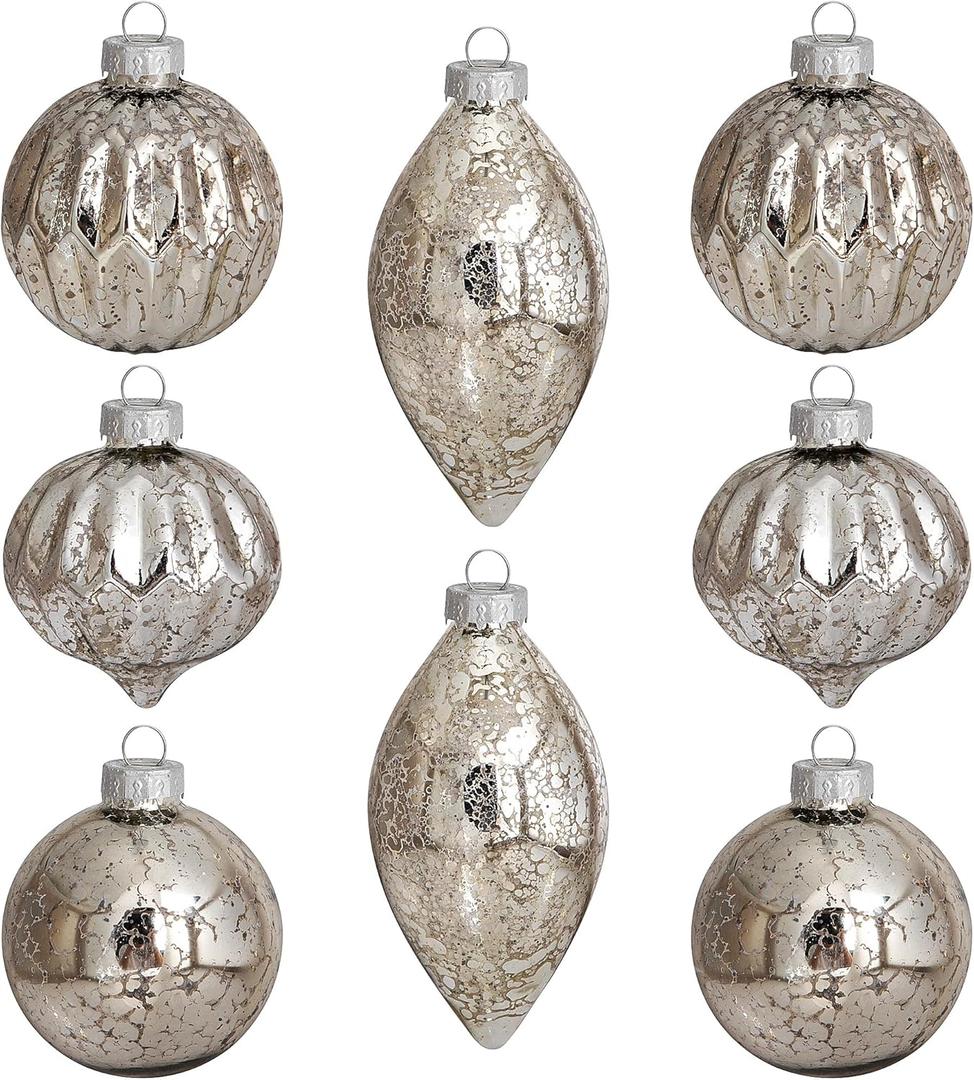 Deloky 8 Pcs Mercury Glass Christmas Hanging Ornaments - Silver, Vintage Glass Ball Ornaments for Tree - Christmas Holiday Party Home Decor