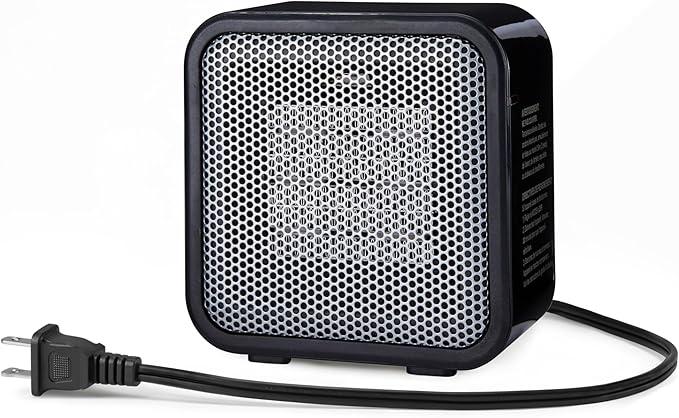 Amazon Basics Ceramic Portable Mini Space Heater for Office Desk, Indoor Use, Fast Heating, Energy Efficient, 500W, With Tip-Over Protection, Lightweight 1.4 lbs, Black, 5.87"D x 3.15"W x 5.95"H