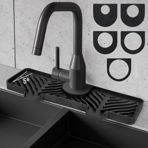 Silicone Faucet Splash Guard - 5Slope Kitchen Sink Splash Guard, 14.6x5.2x0.8 Inch Faucet Mat for Kitchen Sink with 5 Sizes of Rubber Rings, Silicone Sink Mat for Kitchen Bathroom(Black)