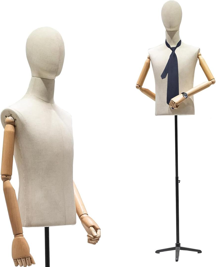 Male Mannequin Torso with Head, Male Dress Form Mannequin Body with Solid Wood Arm,76" Height Adjustable Clothing Manikin for Store Display, 62.99"~86.61"