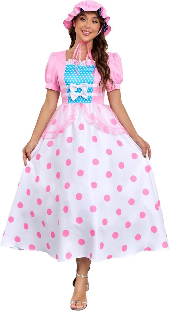 Women's Bo Peep Costume with Pink Bonnet Hat Polka Dot Dress Halloween Cosplay Outfit for Adult (X-Large)