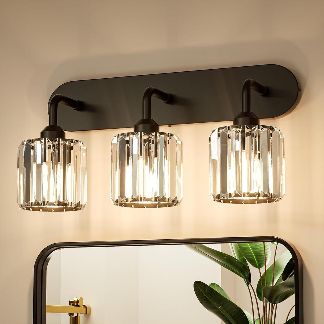 Keonjinn 3-Light Bathroom Light Fixtures, Crystal Black Bathroom Vanity Lights Over Mirror, Vanity Lighting Fixtures with Crystal Square Shades for Mirror, Modern Decor (E26 Base, Exclude Bulb)