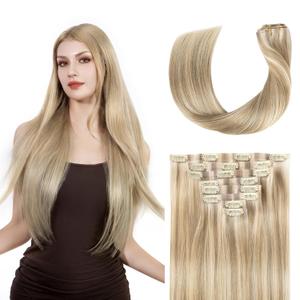 Clip in Hair Extensions Real Human Hair, Seamless PU Skin, 100% Remy Human Hair Silky Straight Tangle Free 120g 8Pcs, 18 Inch Light Blonde Highlighted Golden Blonde #P16A/22A for Women