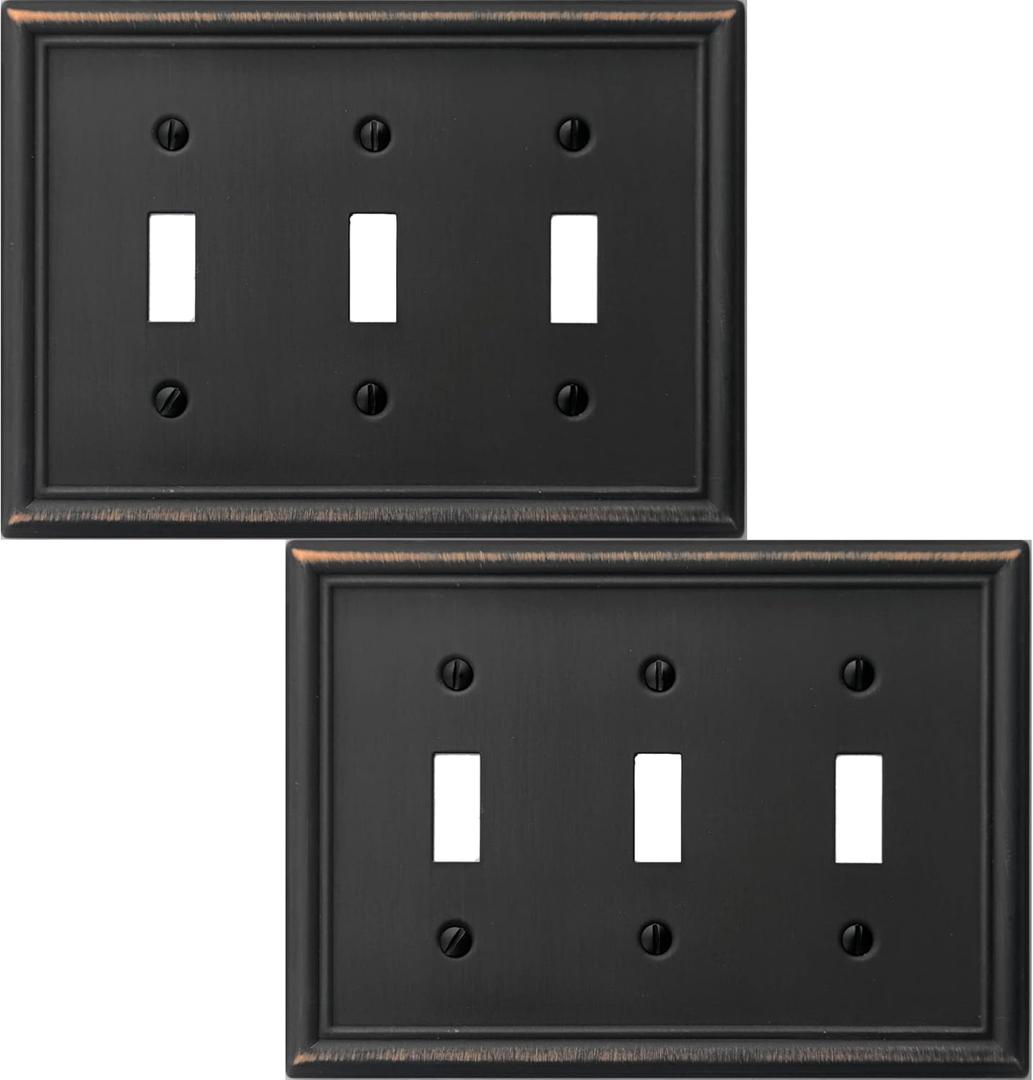 OKAWYC Triple Toggle Light Switch Cover Luca Metal Wall Plate, 2-Pack Aged Bronze 3 Gang, Light Switch Cover Decorative Wallplate, Durable
