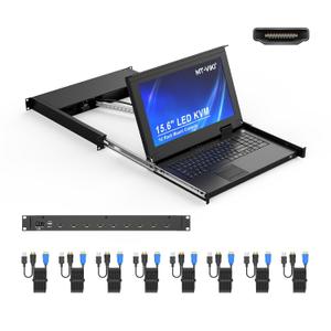 MT-VIKI 8 Port KVM Console w/15.6'' LCD Monitor, HDMI, 1U Rack Mount, 1080P Short Depth, Integrated Touchpad+Keyboard+Drawer, 8 KVM Cables, Support OSD/Hotkey