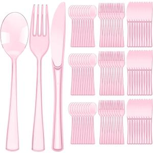 Minatee 150 Pieces Disposable Cutlery Set Plastic Silverware Heavy Duty Utensil Sets 50 Forks 50 Knives 50 Spoons for Home Office School Party Picnics Restaurant Outdoor Events (Pink)