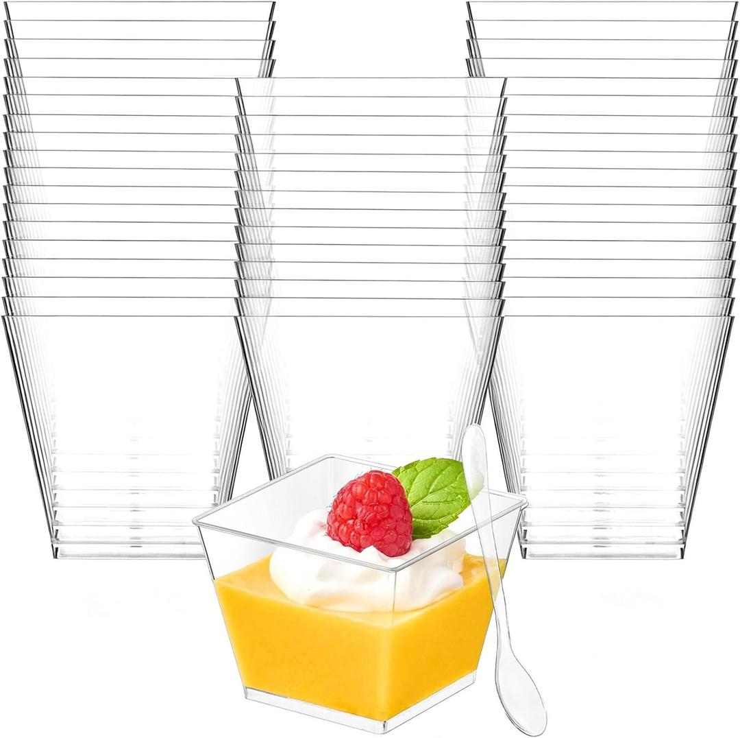 Zezzxu 4 oz Square Mini Dessert Cups with Spoons - 50 Pack Plastic Pudding Cups Party Parfait Dessert Shooters for Serving Trifle Jello Mousse Cake Appetizers