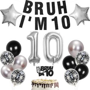 10th Birthday Decorations for Boys,Black Glitter Banner and Cake Topper, 32 inch Silver Number Balloons 1 and 0,and Black Silver Confetti Latex Balloons for 10th Birthday Party Supplies