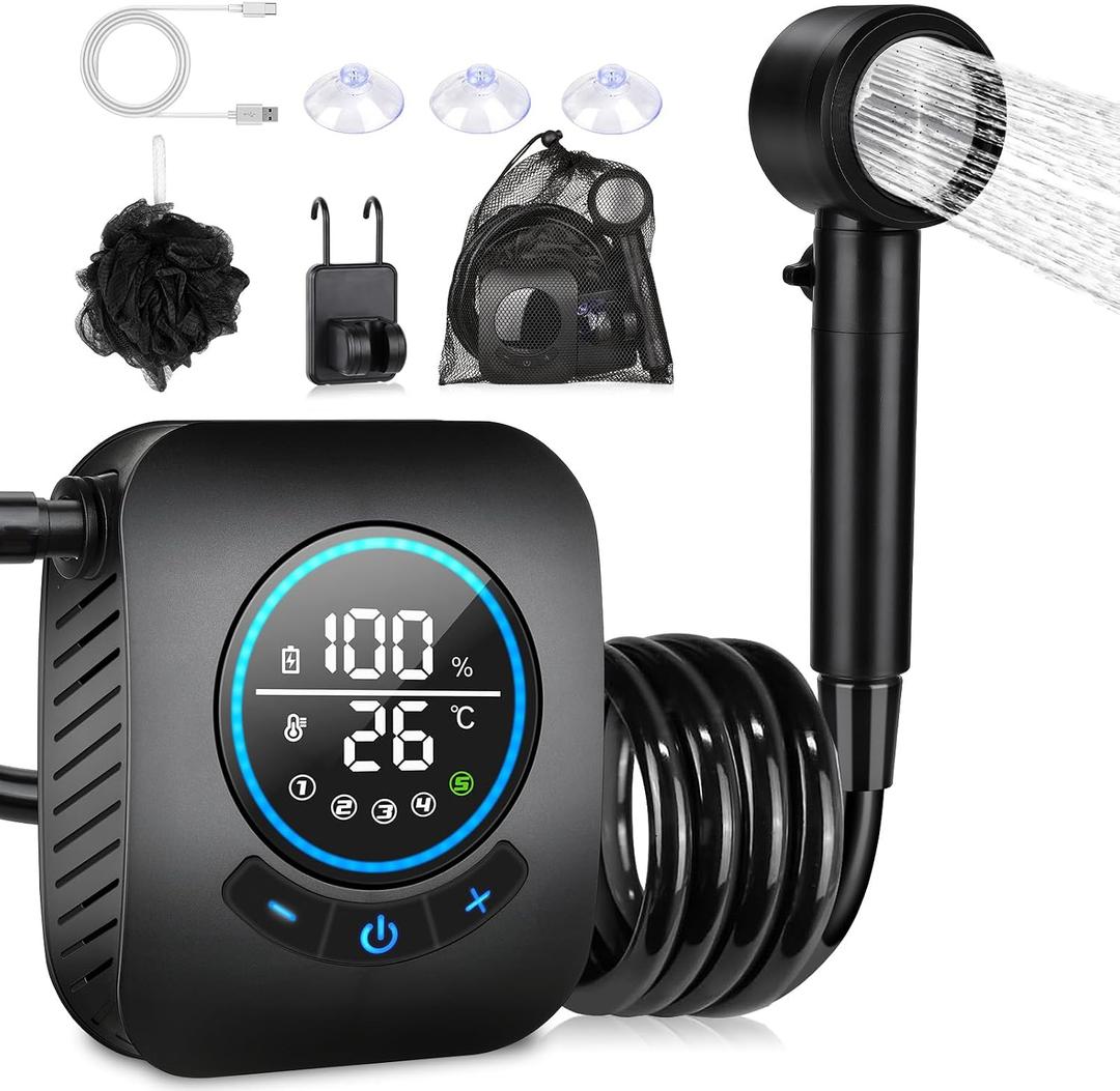 Portable Shower for Camping, [Upgraded] Spopal 8000mAh Rechargeable Camping Shower with 5 Adjustable Speeds, 4 Spray Modes, LED Display, IPX8 Waterproof Outdoor Shower Kit for Hiking, Travel, Car, Pet, Small