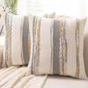 Boho Throw Pillow Covers 18x18 Set of 2 Farmhouse Decorative Cushion Case Striped Square Pillows Cover Chenille Pillow Cases Accent Neutral Pillowcase for Sofa Couch Bed,Orange-Gray