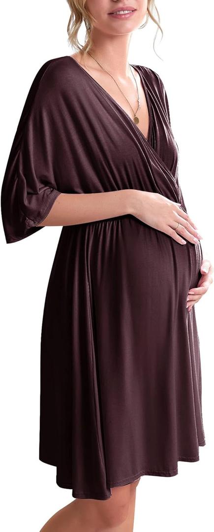 Ekouaer 3 in 1 Labor/Delivery/Hospital Gown Maternity Dress Nursing Nightgown Sleepwear for Breastfeeding (Medium, Maroon)