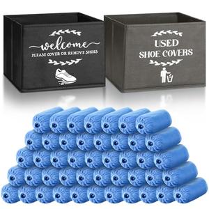 Suzile 200 Pcs Disposable Shoe Covers with 2 Pcs Box Open House Supplies Foldable Booties Shoe Covers Holder Storage Bin for House Indoor Guest Supplies, 10 x 10 x 8 Inch (Black,Gray,Blue)