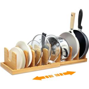 MinBoo Bamboo Expandable Pot Lid Organizer, Pot and Pan Organizer Drawer Organizer for Pot Lids, Adjustable 10 U-Shaped Dividers for Kitchen Cabinet Organizers and Storage (Bamboo-1)