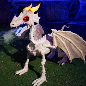 JOYIN Dragon Skeleton Halloween Decoration, 23.6" Roaring Mist-Spraying Dragon with Wings, LED, Posable Joints, Sound Motion Activated Animal Skeleton Animatronic for Haunted House (Battery Operated)