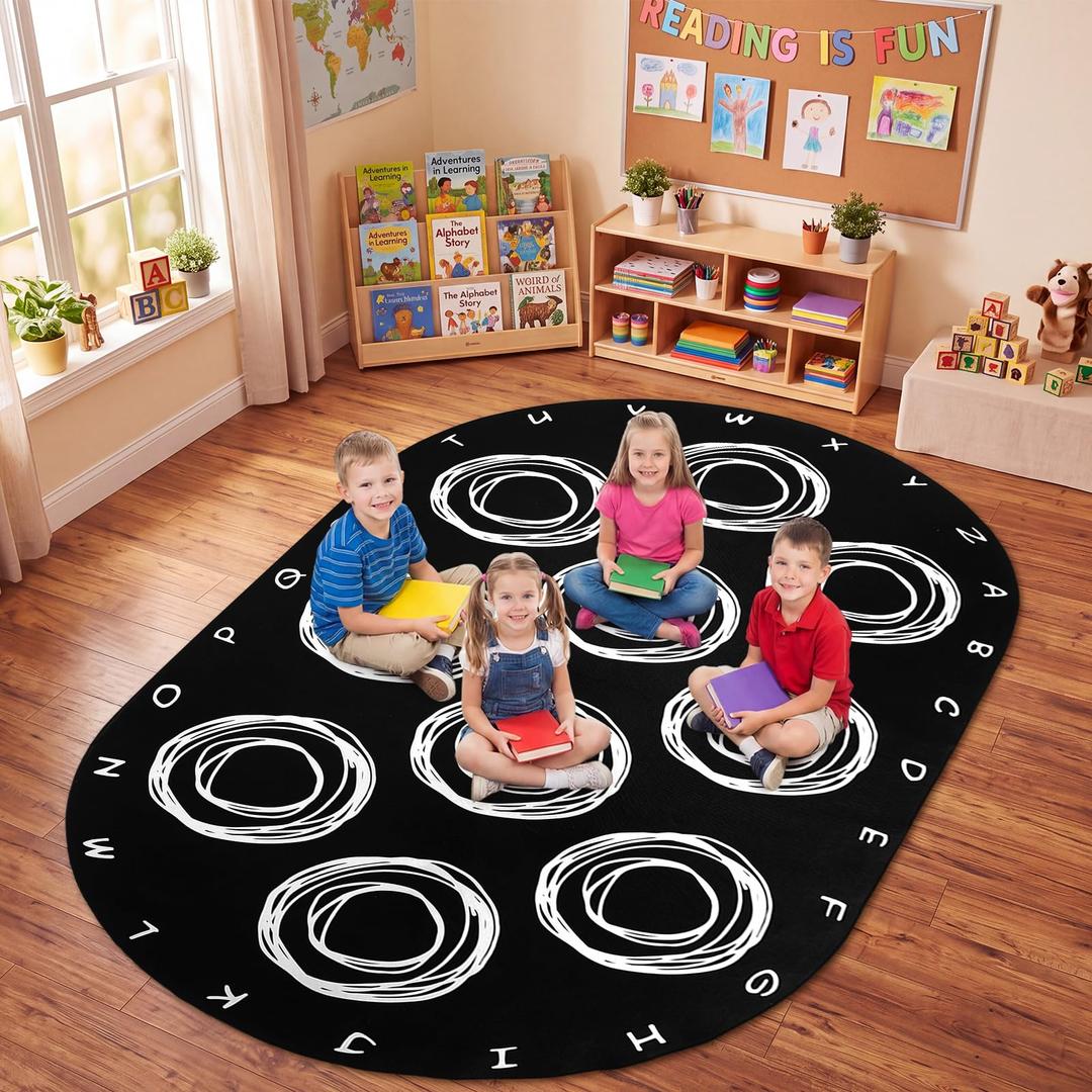 Teenyyou 6.56 x 11.15 ft Large Classroom Rug Elementary Abstract Educational Area Rug Kids Room Children Classroom Carpet Playroom Learning Black Ellipse School Decor Seating Carpet