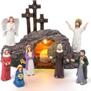 Fovths 9 Pieces Easter LED Cross Shaped Resin Table Decor Resurrection of Jesus Statue Set Easter Resin Tabletop Decoration for Indoor Holiday Home Tabletop Ornaments