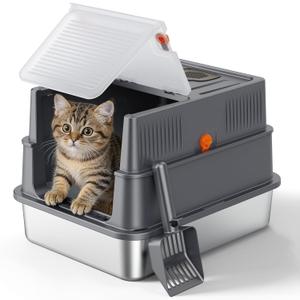 FURTIME Small Stainless Steel Litter Box with Lid for Kitty, Metal Enclosed Cat Litter Box for Small Cats, Kitten Cat Box with High Sided Enclosure & Scoop, Odor Free, Anti-Leakage, Grey