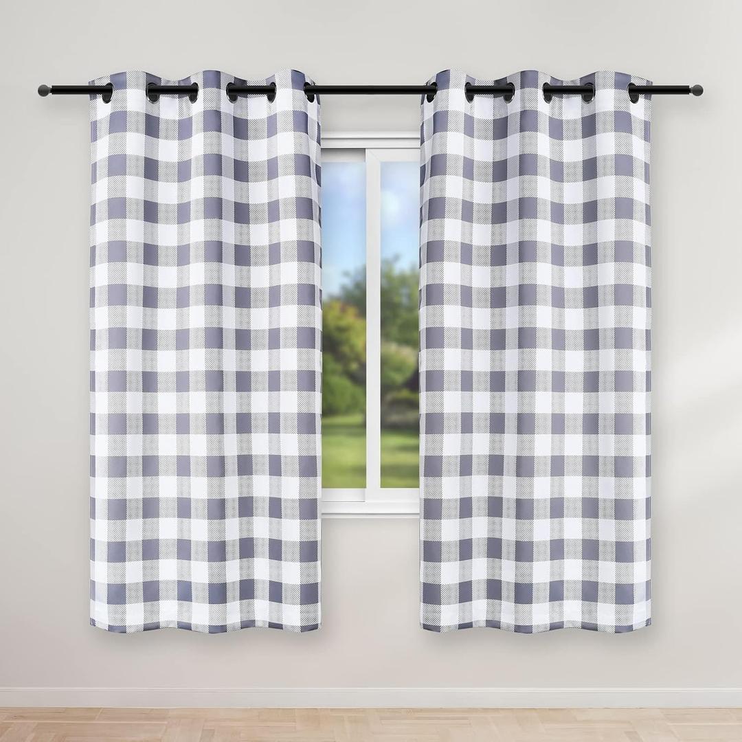 Simple Deluxe Buffalo Plaid Blackout Curtains Panels for Living Room, Bedroom Farmhouse Courtyard Style Room Darkening Thermal Insulated Kitchen Curtains, 37" W x 63" L, White and Gray