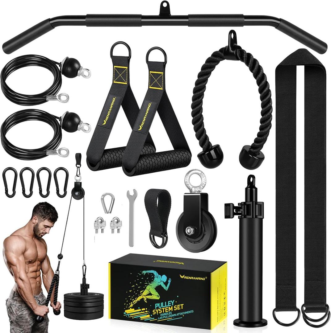 RENRANRING Pulley System, Weight Cable Pulley System for Home Gym,Cable Machine Attachment with 2 in 1 LAT Pull Down Bar,Tricep Rope,Long Strap,Exercise Handles for Biceps Curl, Forearm (Black)