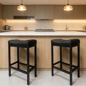 Bar Stools Set of 2, 24 Inch Backless Counter Height Bar Stools with Soft Faux Leather Seat, 300 LB Heavy Duty Padded Saddle Barstool Chairs for Modern Kitchen Island Counter (Black)