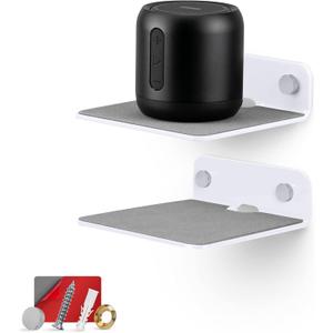2-Pack 4 Small Floating Shelf Bluetooth Speaker Stand, Adhesive & Screw Wall Mount, Anti Slip, for Cameras, Baby Monitors, Webcam, Router & More, Universal Holder by Brainwavz (SHELF11 White)