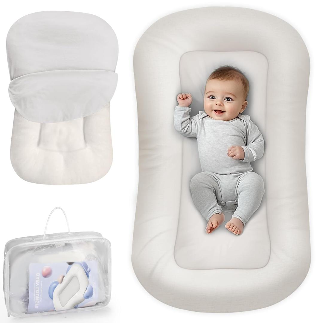 Baby Lounger - Baby Lounger for Newborn, 0-24 Months, Infant Lounger for Home and Travel, Soft Cotton, Baby Nest Lounger, Newborn Babies Essentials Gifts, White (Lounger Cover Included)