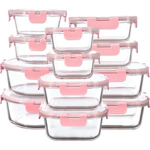 12 Pack Glass Storage Containers with Lids, Leak-Proof Meal Prep Containers, Dishwasher/Microwave/Oven/Freezer Safe Glass Food Storage Containers for Leftovers, to Go (Pink)