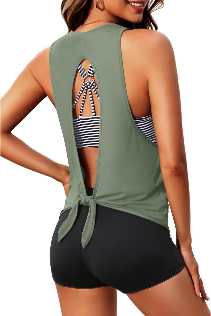 Aqua Eve 3 Piece Tankini Swimsuit for Women Tank Bathing Suit with Shorts Open Back Athletic Swimwear (Medium, Army Green and Stripes)