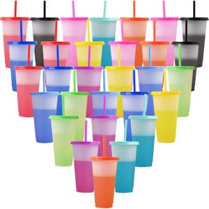 30 Pack Color Changing Cups, 24 oz Reusable Plastic Tumblers with Lids and Straws, Bulk Cold Drinking Cups for Iced Coffee, Smoothies, Birthday Party, Travel, Kids and Adults