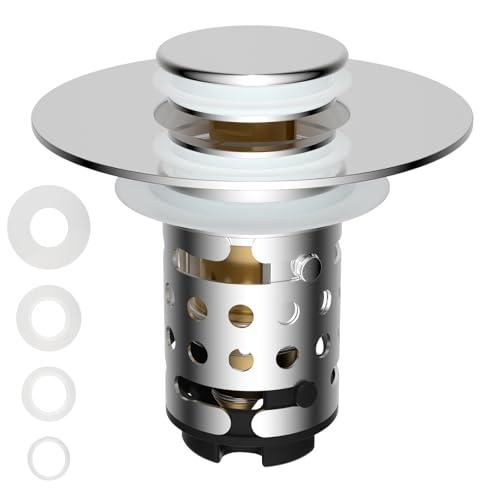 Universal Bathroom Sink Stopper Hair Catcher Upgraded with 2-Layer Detachable Filter Basket – 4 in 1 Pop Up Sink Drain Strainer, Anti-Clog, Odor-Block, Universal Fit for 1.1''~2.36'' Sinks, Chrome