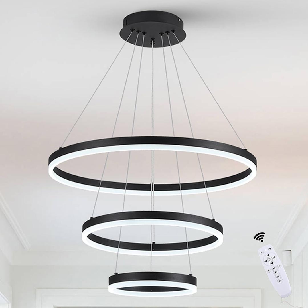 3-Rings Chandelier Black Modern LED Chandeliers for Living Room, Dimmable Round Hanging Light with Remote Control Circular Pendant Light Fixture for Dining Room Foyer Entryway, 3000K-6500K