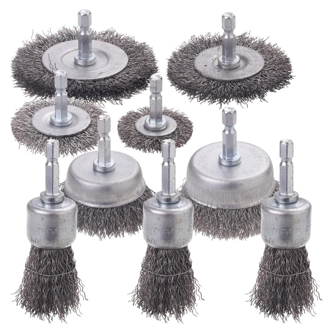 9-Pack Wire Cleaning Set - Drill Wire Brushes, Cup Brush, 1/4" Hex Shank, Rust Remover