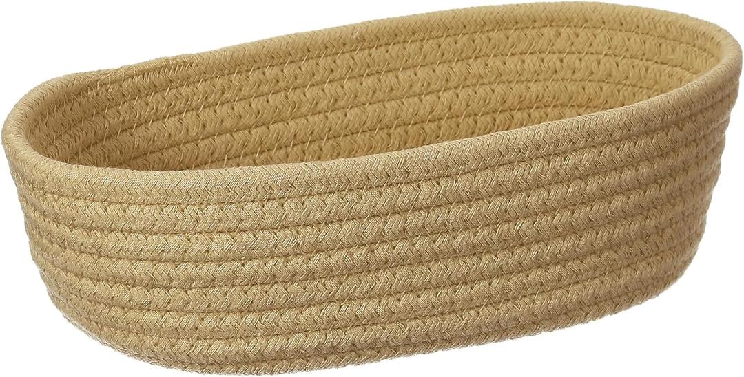 uxcell Yellow Small Cotton Rope Woven Storage Basket, Shelf Closet Storage Gift Woven Baskets Cute Nursery Box Bin Decor Organization Bin for Home Supply, Oval, 9.9x2.8