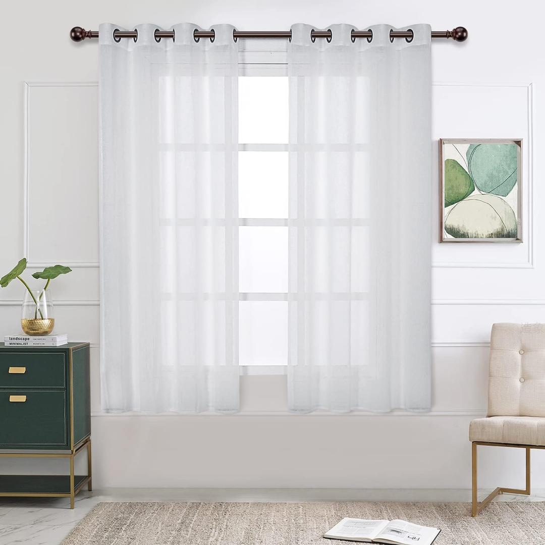 BONZER Burlap Linen Sheer Curtains for Living Room - Grommet Top Sheer Drapes 45 inches Length Light Filtering Voile Window Curtain for Bedroom, Set of 2 Panels (54 x 45 Inch, White) (54"W x 45"L (Pack of 2))