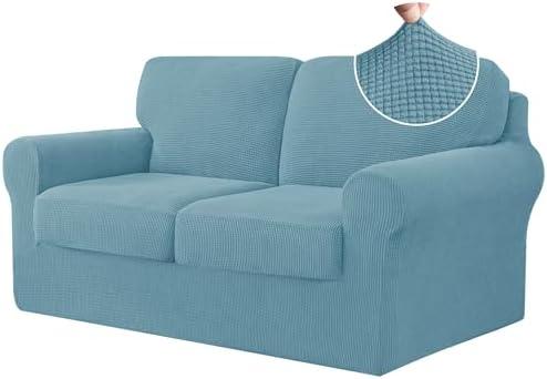 CHUN YI 5 Piece Stretch Loveseat Sofa Cover, 2 Seater Couch Slipcover with Two Separate Backrests and Cushions with Elastic Band, Checks Spandex Jacquard Fabric(Medium,Smoky Blue)