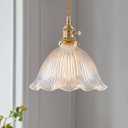 1-Light Brass Gold Vintage Pendant Light, Flower Glass Shade Adjustable Height Hanging Light Fixture, E26 Base Retro Farmhouse Pendant Lighting for Kitchen Island Dining Room Bedroom Bathroom, Medium