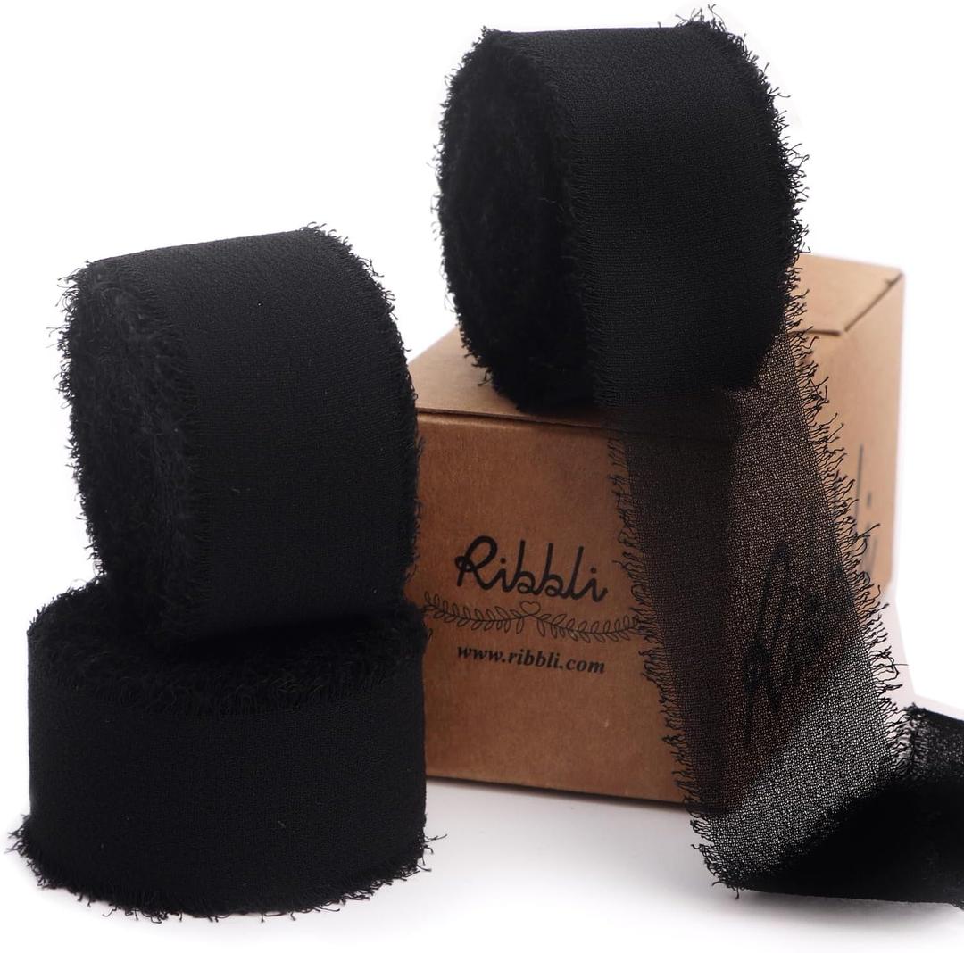 Ribbli Black Ribbon 1 Inch x 3 Rolls Total 24 Yards Handmade Fringe Chiffon Silk Ribbon for Wrapping Wedding Invitations Bridal Bouquets DIY Crafts Home Decor, Black