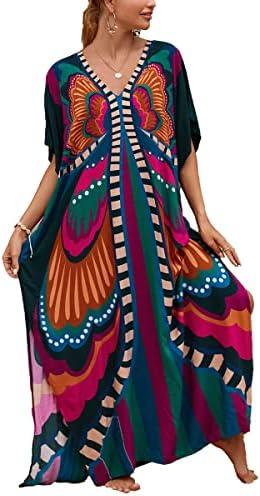 sunforyou Kaftan Dresses for Women Plus Size Lightweight Swimsuit Cover up Batwing Sleeve Print Loungewear Beach Robe, Size L