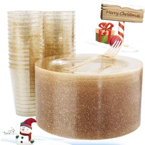 WELLIFE 150PCS Gold Dessert Plates  Gold Glitter Party Plates, Cups & Forks, Plastic Disposable Dinnerware Set for 50 Guests, Christmas, New Years Eve & Holiday Party Supplies