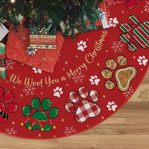 Christmas Red Tree Skirt Dog Christmas Decorations Xmas Paw Print Red Tree Mat 24 Inch Winter Xmas Decor for Home