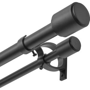Kemmie 1" Window Treatment Curtain Rod with Cylindrical Cap Finials, Double Drapery Rod Adjustable Length 72-144", Matted Black