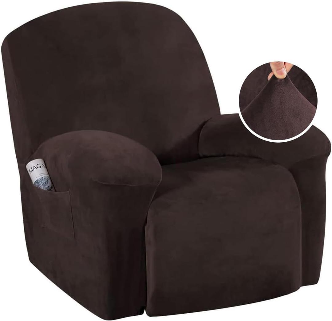 H.VERSAILTEX Velvet Slip Covers for Recliners with Arms 1-Piece Stretch Recliner Chair Covers Furniture Protector Couch Soft with Elastic Bottom Anti-Slip(Brown, Large)