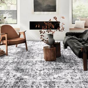 8x10 Washable Area Rug, Upgraded Denser Surface Vintage Rugs, Honeycomb Non-Slip Backing Living Room Rug, Easy Care Foldable Rugs for Living Room Bedroom Kitchen Dinning Room Home Office (Grey)